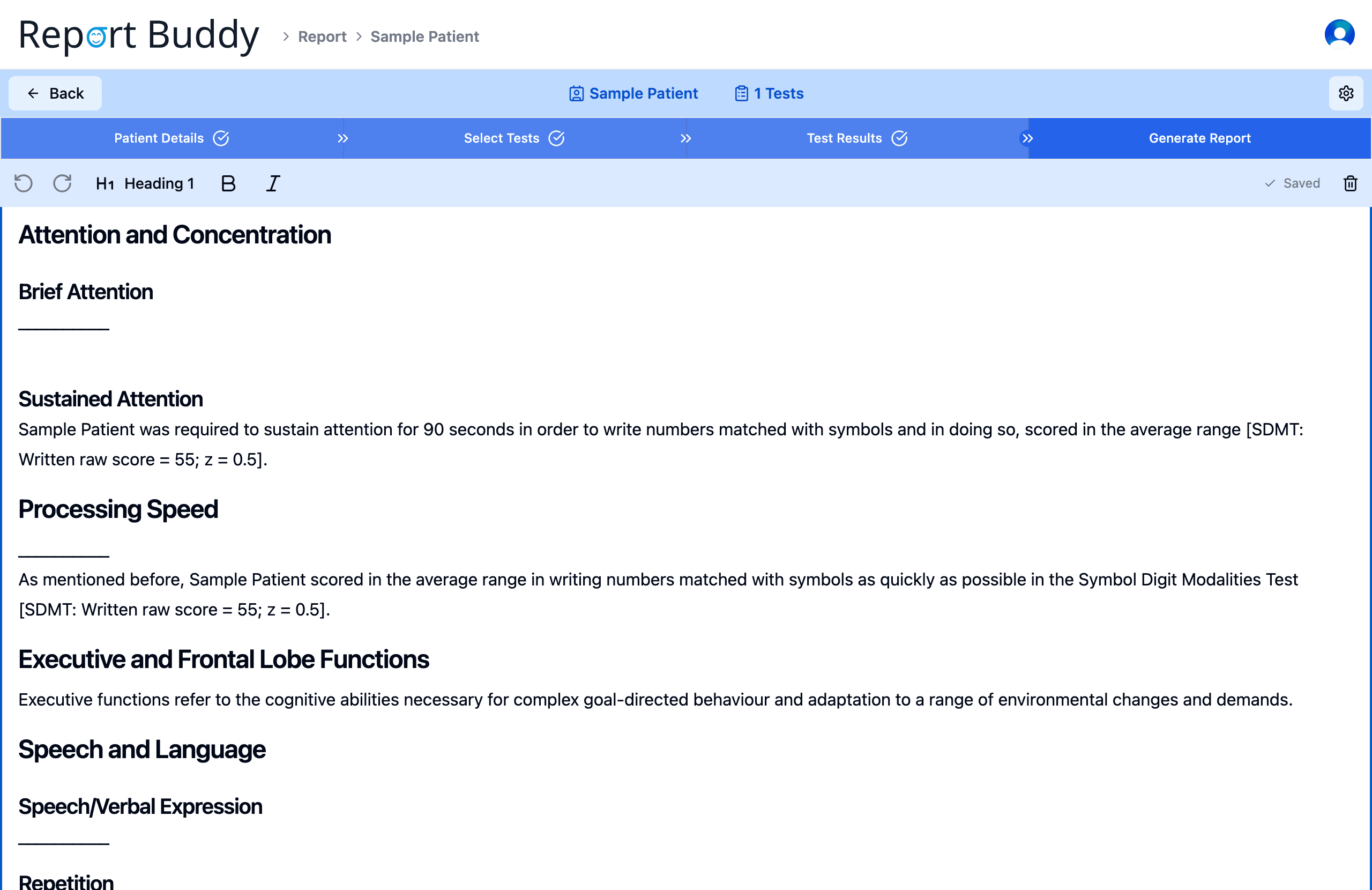 The Report Buddy wizard showing a generated neuropsychological report ready for editing